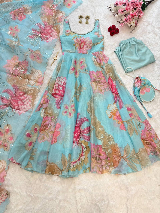 Sky Blue Organza Floral Printed Festive Wear Anarkali Suit Set