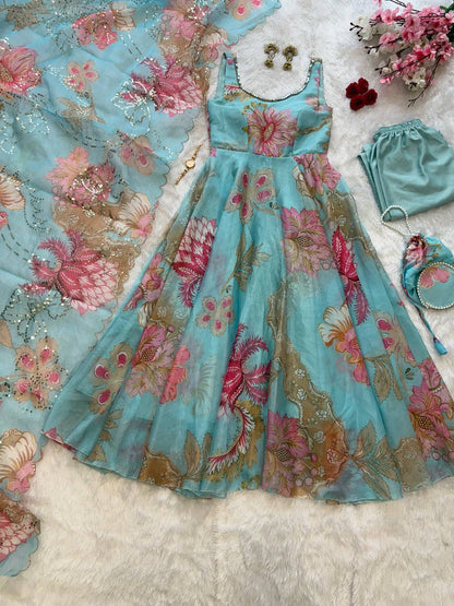 Sky Blue Organza Floral Printed Festive Wear Anarkali Suit Set