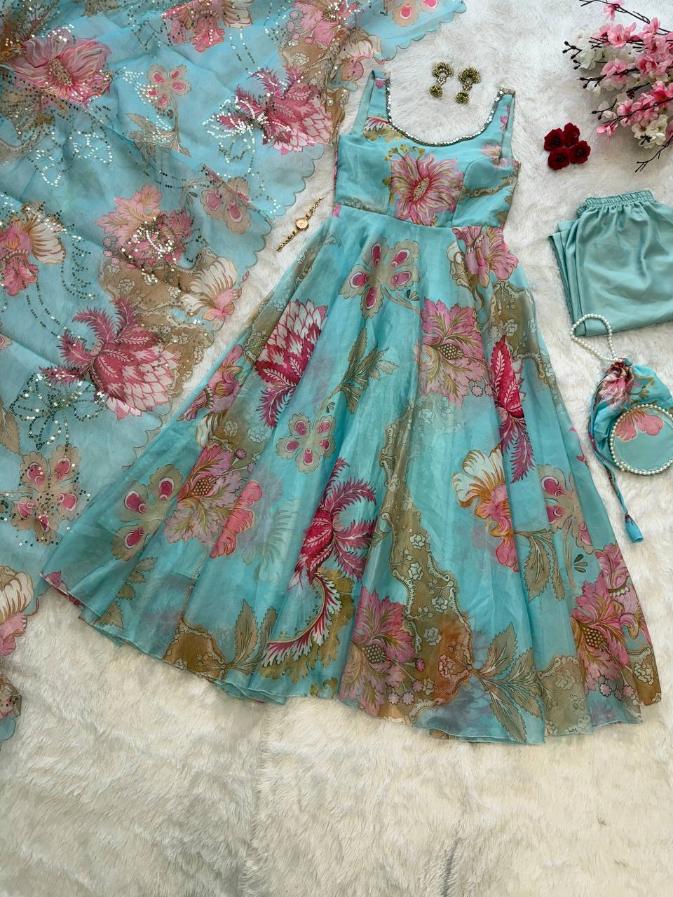 Sky Blue Organza Floral Printed Festive Wear Anarkali Suit Set