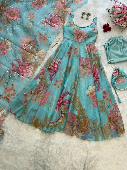 Sky Blue Organza Floral Printed Festive Wear Anarkali Suit Set