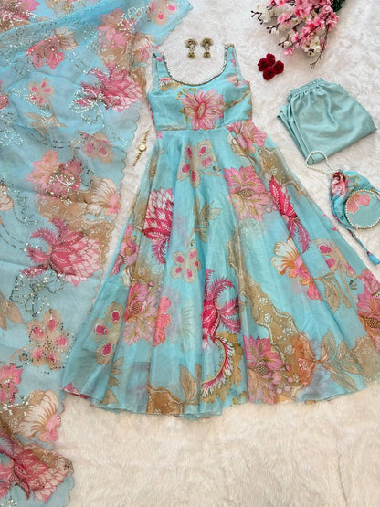 Sky Blue Organza Floral Printed Festive Wear Anarkali Suit Set