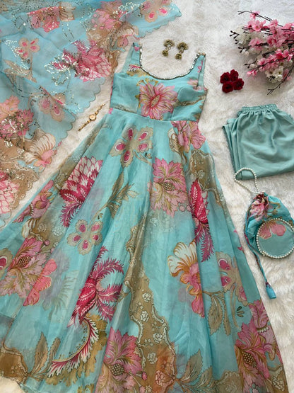 Sky Blue Organza Floral Printed Festive Wear Anarkali Suit Set