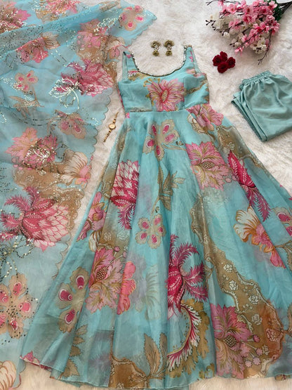 Sky Blue Organza Floral Printed Festive Wear Anarkali Suit Set