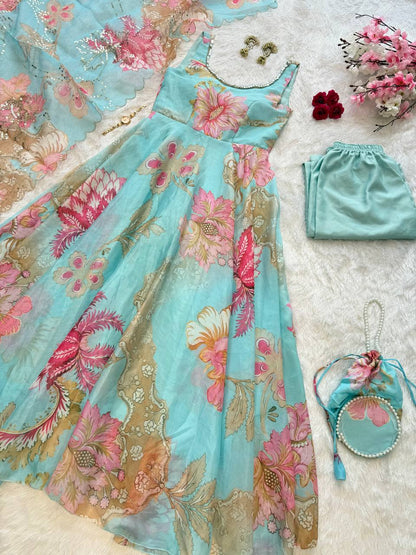 Sky Blue Organza Floral Printed Festive Wear Anarkali Suit Set