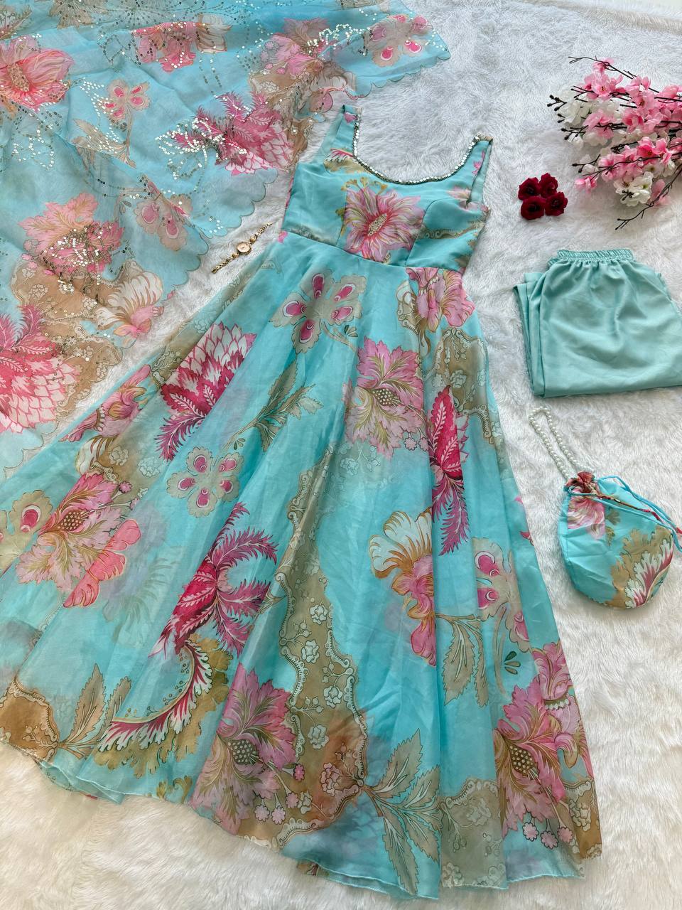 Sky Blue Organza Floral Printed Festive Wear Anarkali Suit Set