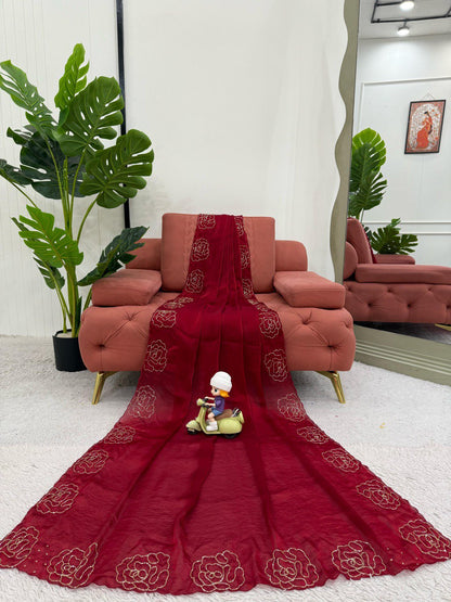 Ceremony Wear Maroon Color Jimmy Chu Silk With Hand Work Designer Saree