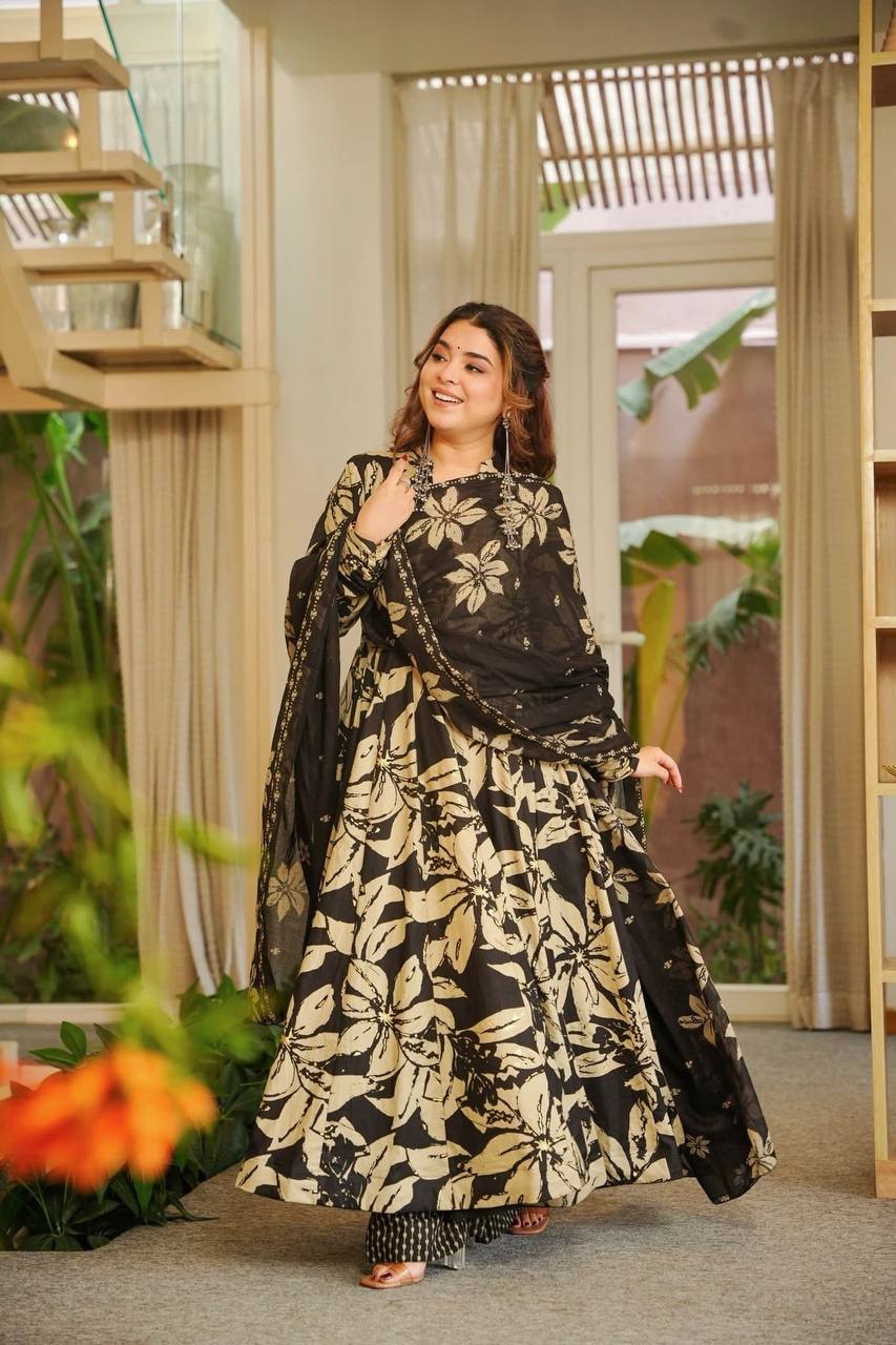 Neha's Wear Black Color Maslin Cotton Anarkali Suit With Dupatta