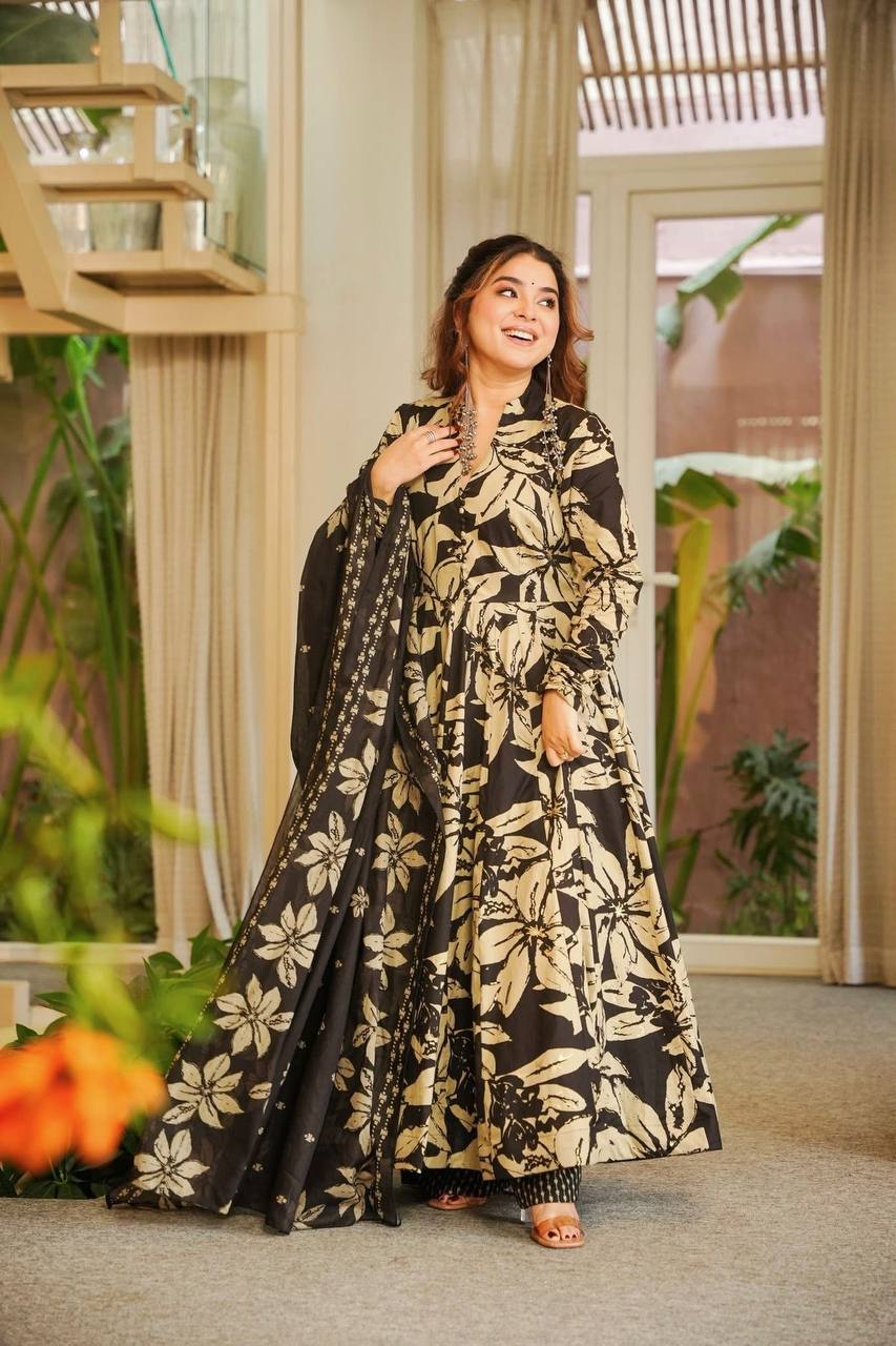 Neha's Wear Black Color Maslin Cotton Anarkali Suit With Dupatta