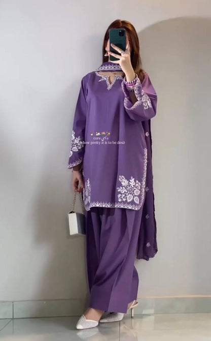 Fancy Purple Color Embroidred Farsi Suit With Dupatta