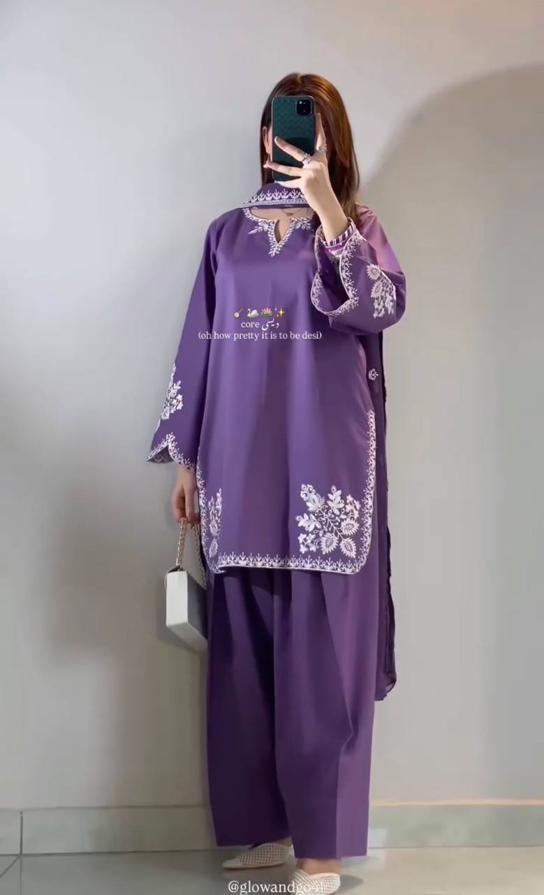 Fancy Purple Color Embroidred Farsi Suit With Dupatta