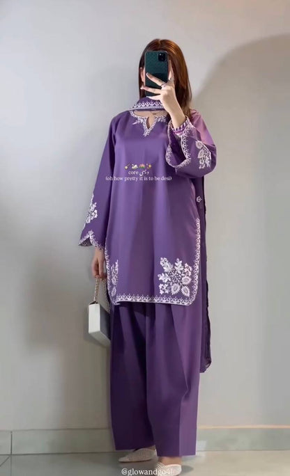 Fancy Purple Color Embroidred Farsi Suit With Dupatta
