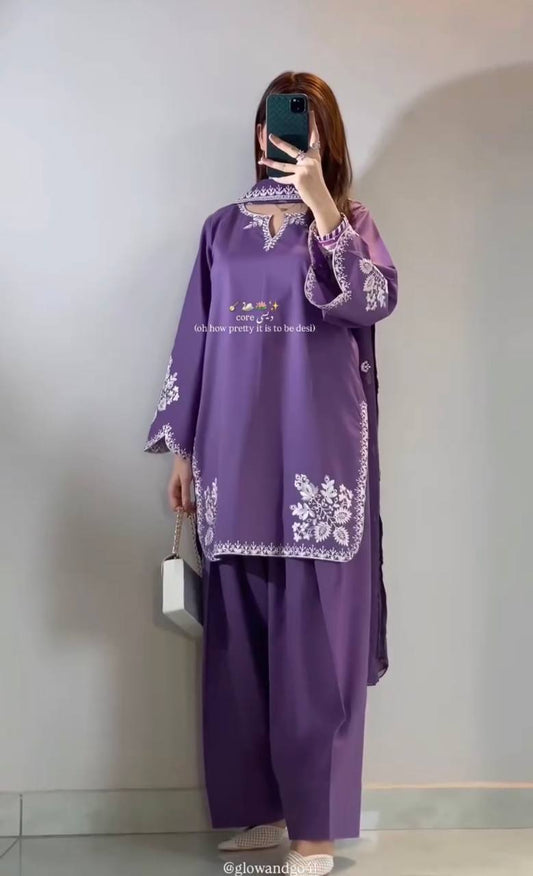Fancy Purple Color Embroidred Farsi Suit With Dupatta