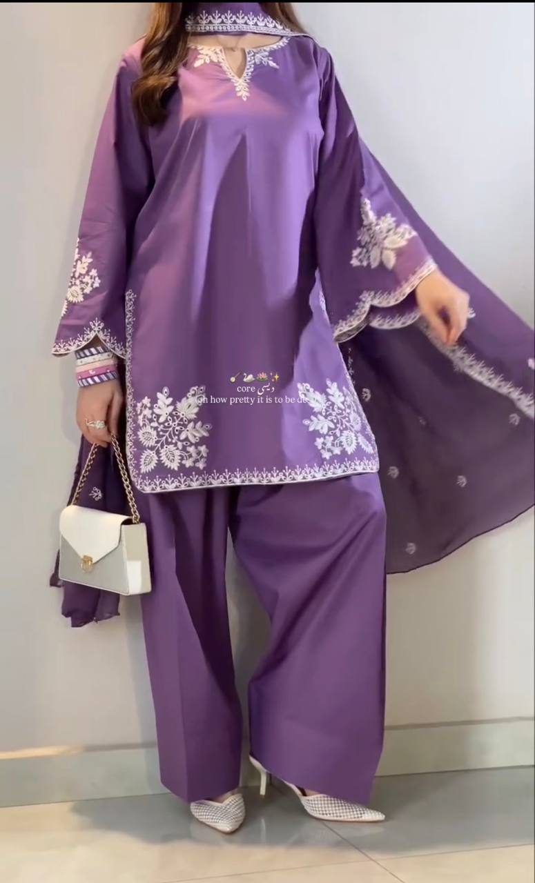 Fancy Purple Color Embroidred Farsi Suit With Dupatta