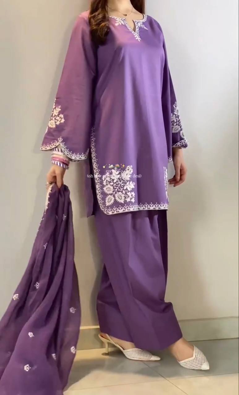 Fancy Purple Color Embroidred Farsi Suit With Dupatta