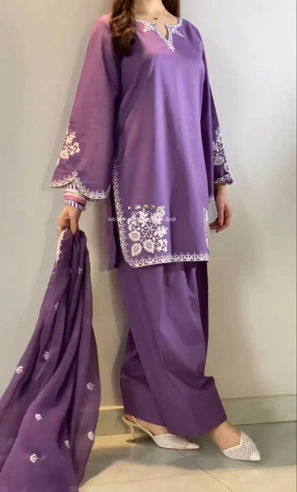 Fancy Purple Color Embroidred Farsi Suit With Dupatta