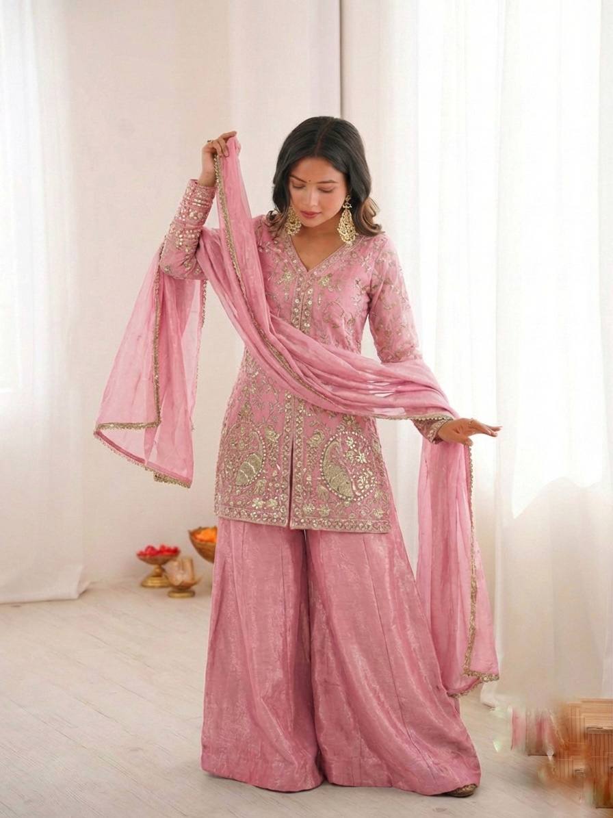 Eyes Catching Pink Color Pure Fendy Silk Palazzo Suit With Dupatta