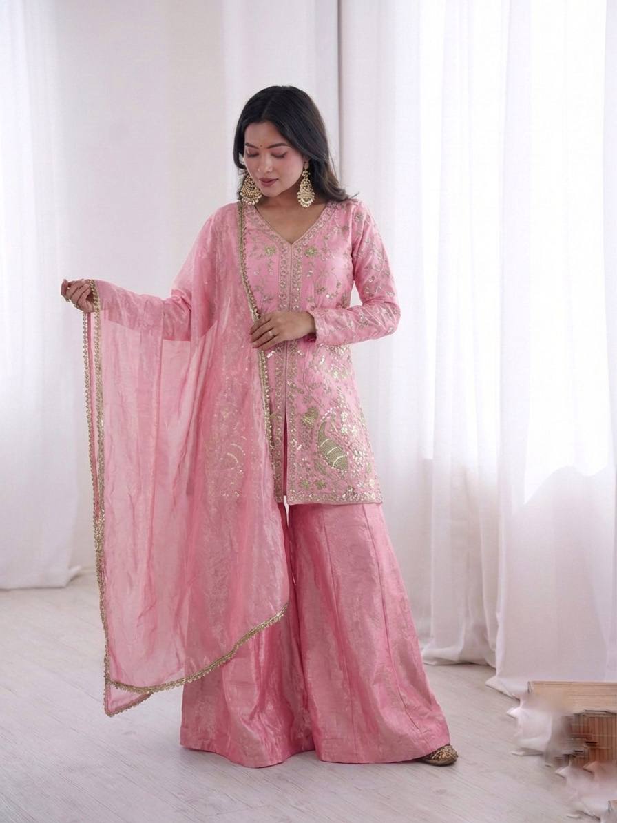 Eyes Catching Pink Color Pure Fendy Silk Palazzo Suit With Dupatta