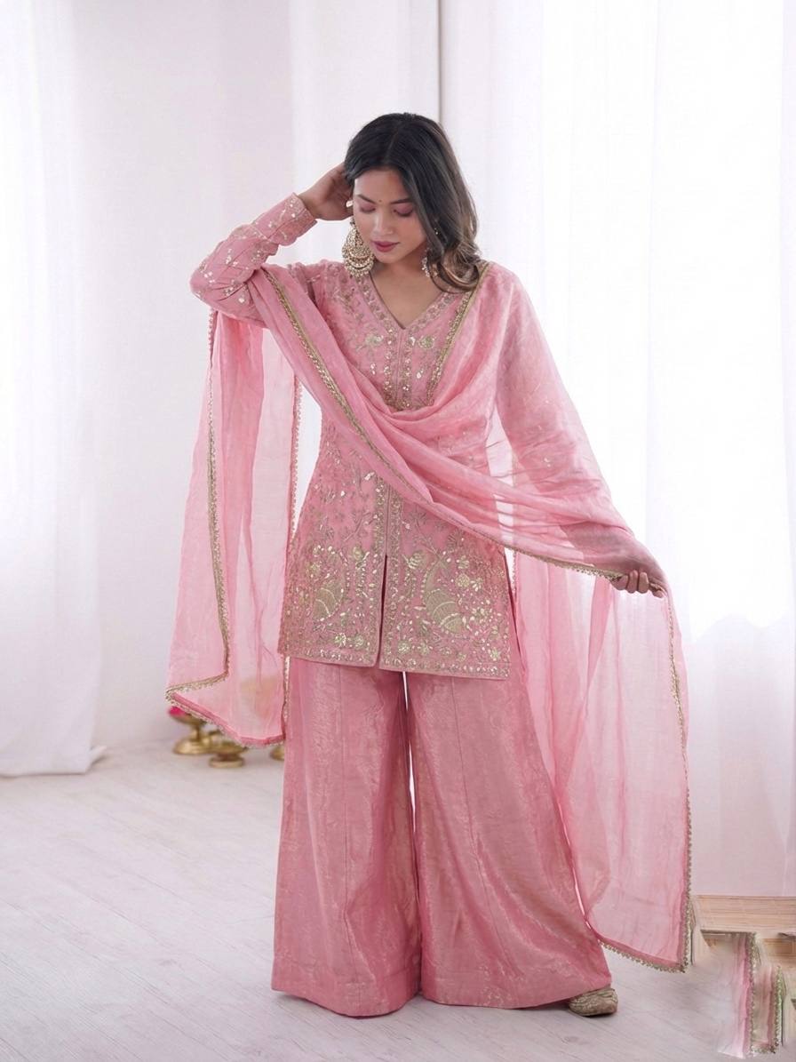 Eyes Catching Pink Color Pure Fendy Silk Palazzo Suit With Dupatta