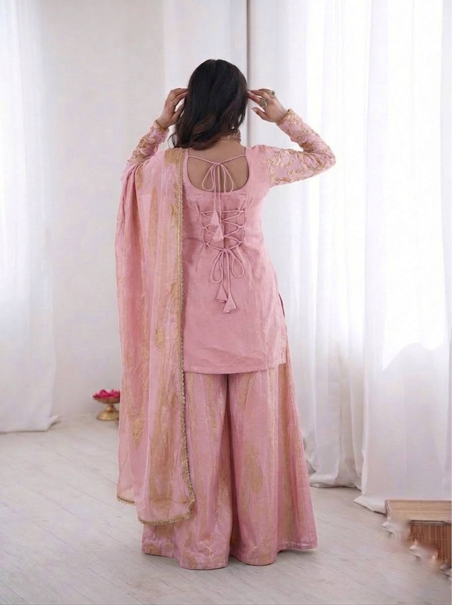 Eyes Catching Pink Color Pure Fendy Silk Palazzo Suit With Dupatta