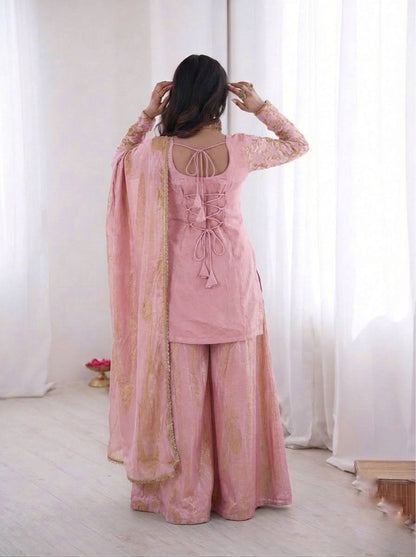 Eyes Catching Pink Color Pure Fendy Silk Palazzo Suit With Dupatta
