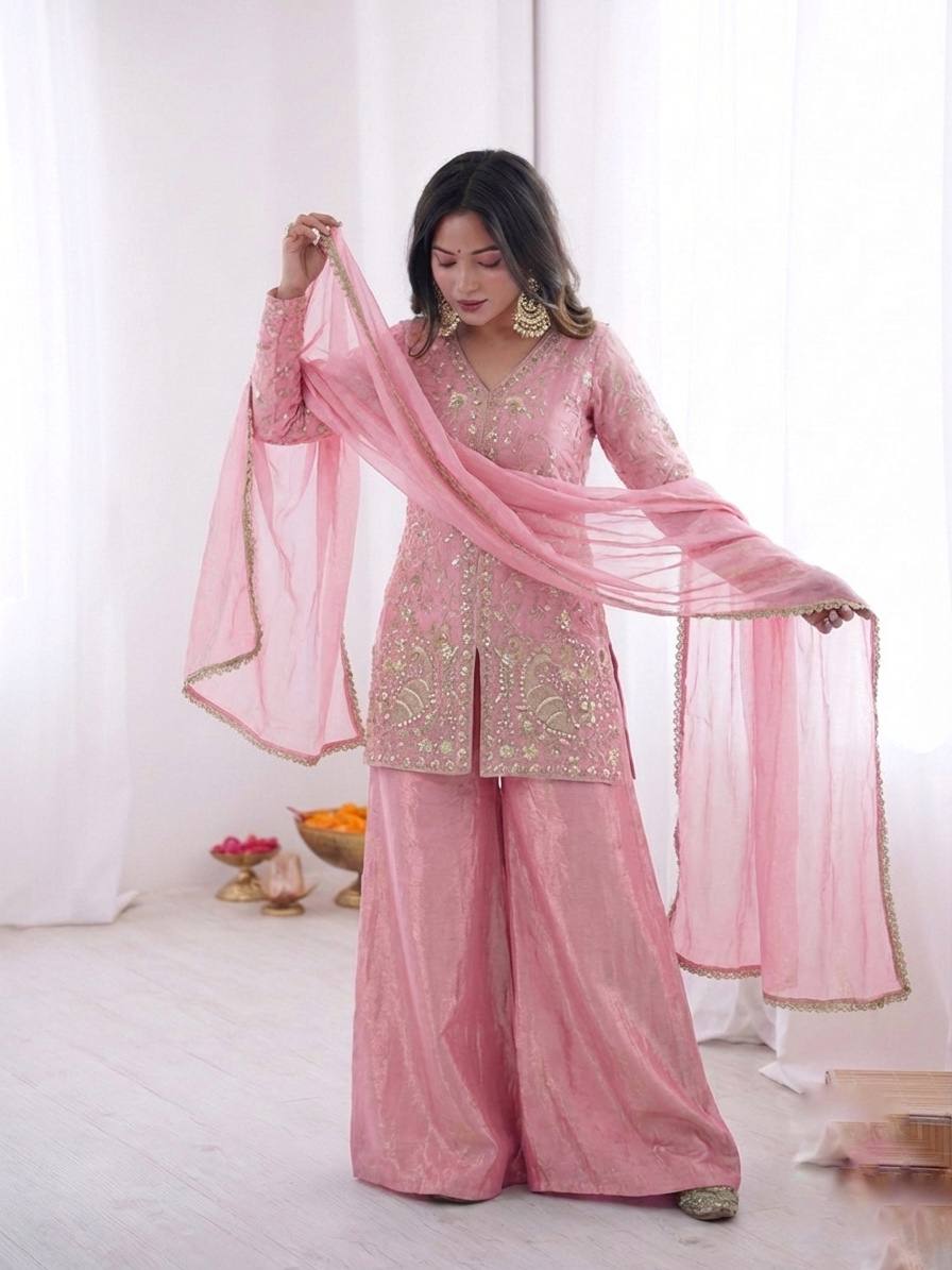 Eyes Catching Pink Color Pure Fendy Silk Palazzo Suit With Dupatta