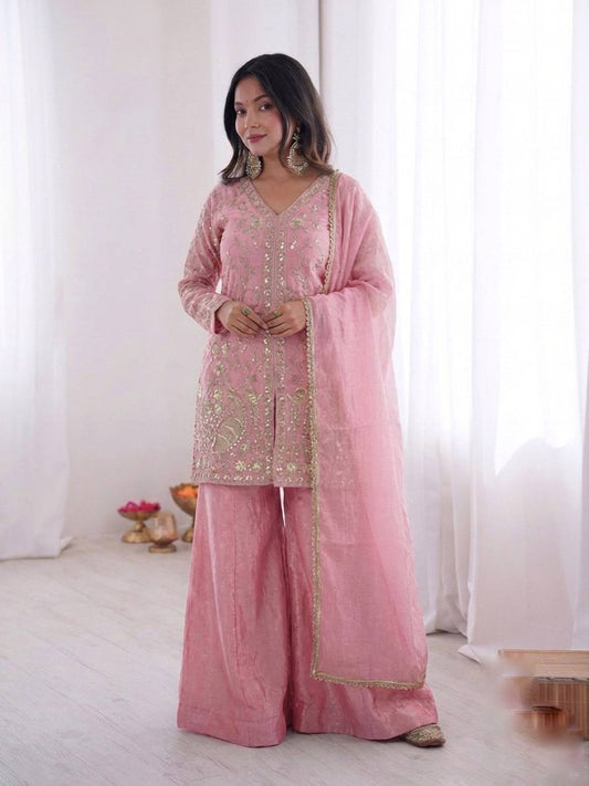 Eyes Catching Pink Color Pure Fendy Silk Palazzo Suit With Dupatta
