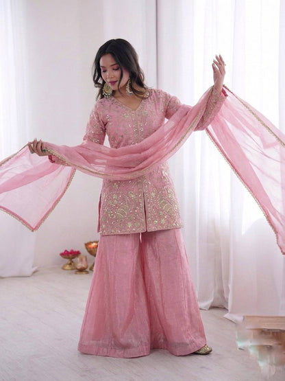 Eyes Catching Pink Color Pure Fendy Silk Palazzo Suit With Dupatta