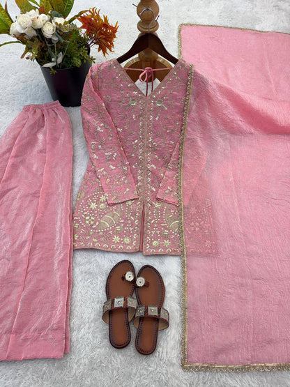 Eyes Catching Pink Color Pure Fendy Silk Palazzo Suit With Dupatta