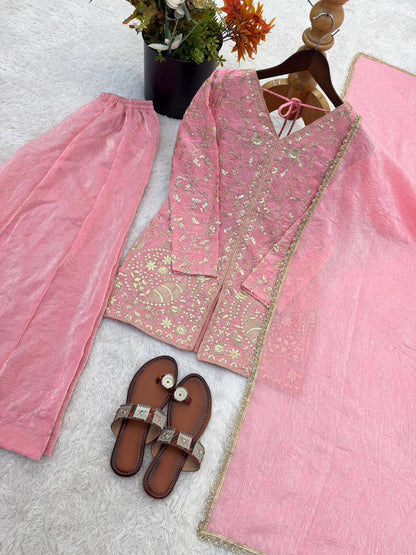 Eyes Catching Pink Color Pure Fendy Silk Palazzo Suit With Dupatta