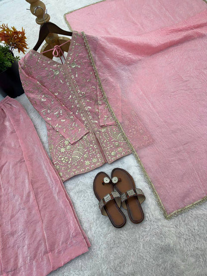 Eyes Catching Pink Color Pure Fendy Silk Palazzo Suit With Dupatta