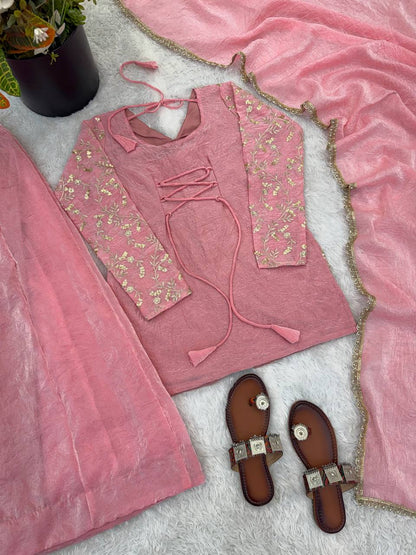 Eyes Catching Pink Color Pure Fendy Silk Palazzo Suit With Dupatta