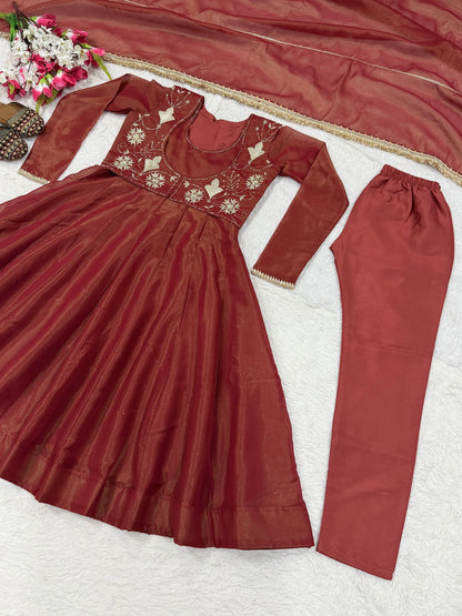 Neha's Wear Maroon Color Sequence Embroidered Maxi Anarkali Gown With Dupatta