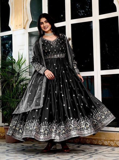 Party Wear Black Color Thread With Sequence Work Gown