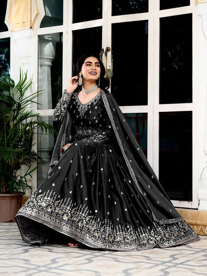 Party Wear Black Color Thread With Sequence Work Gown