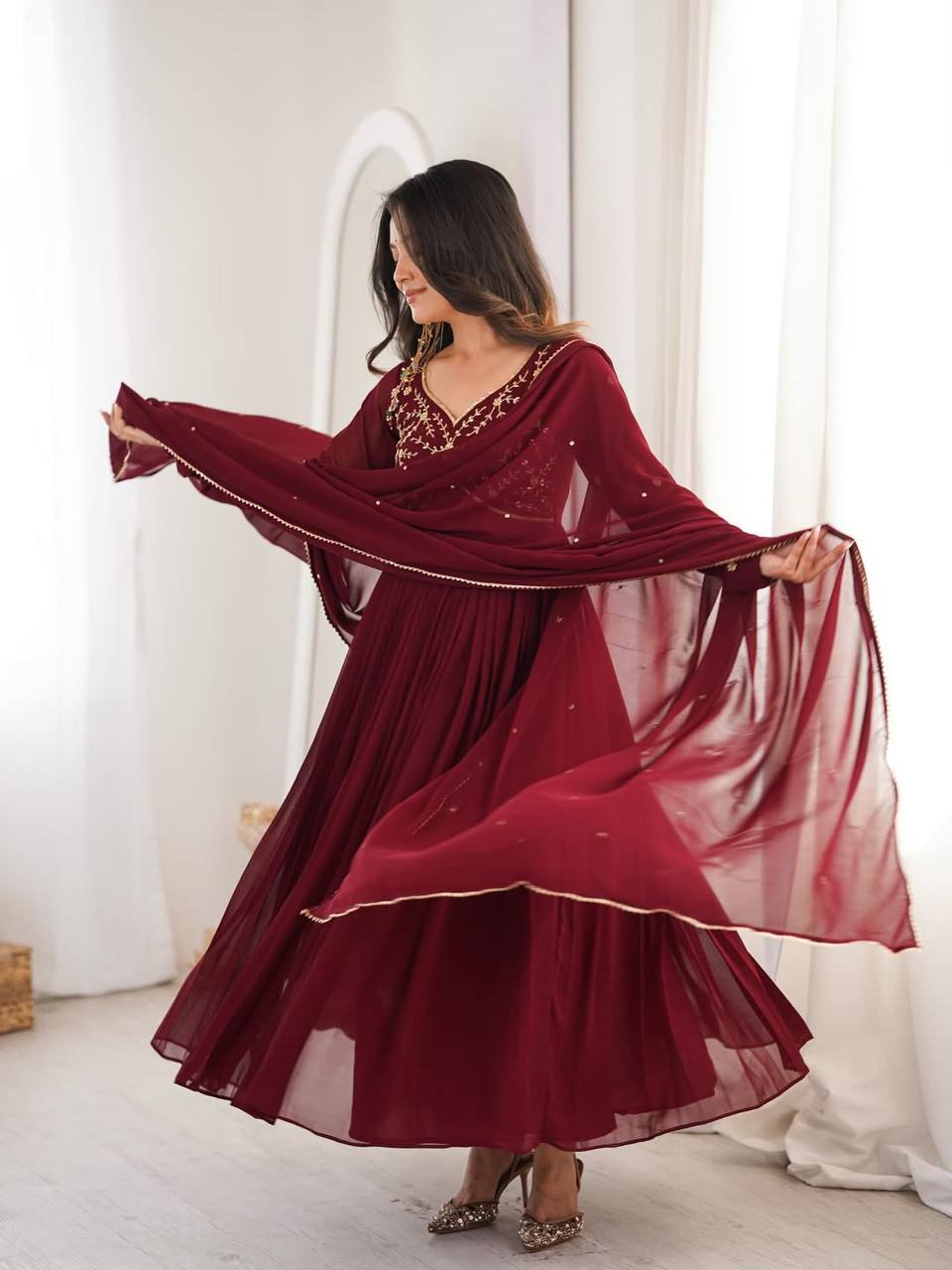 Arti Chauhan Wear Maroon Color Faux Geotgette Anarkali Suit With Dupatta
