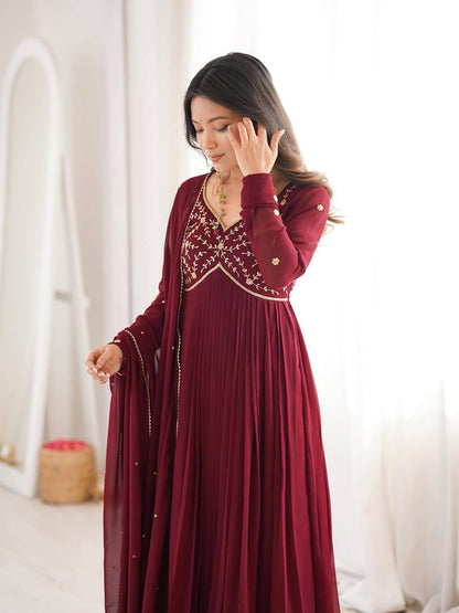 Arti Chauhan Wear Maroon Color Faux Geotgette Anarkali Suit With Dupatta