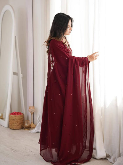 Arti Chauhan Wear Maroon Color Faux Geotgette Anarkali Suit With Dupatta