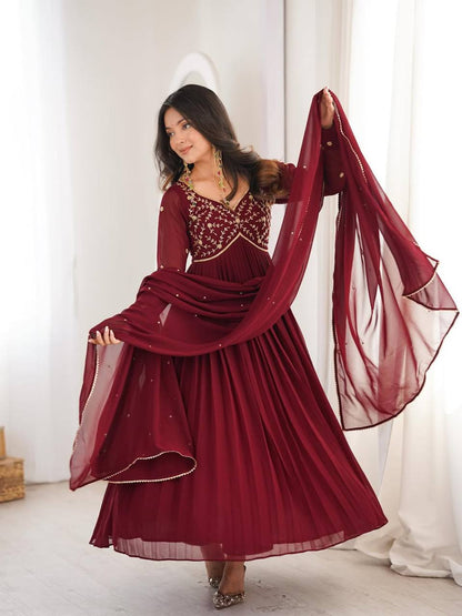 Arti Chauhan Wear Maroon Color Faux Geotgette Anarkali Suit With Dupatta