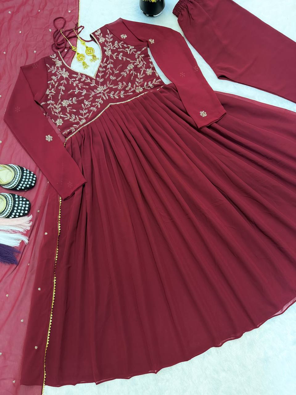 Arti Chauhan Wear Maroon Color Faux Geotgette Anarkali Suit With Dupatta