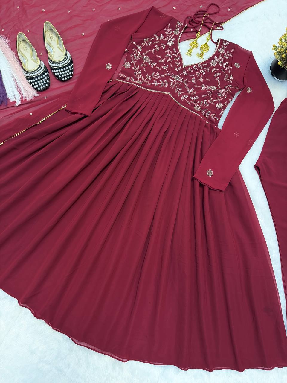 Arti Chauhan Wear Maroon Color Faux Geotgette Anarkali Suit With Dupatta