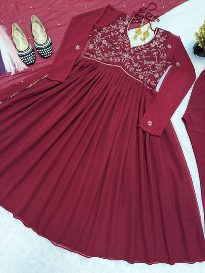 Arti Chauhan Wear Maroon Color Faux Geotgette Anarkali Suit With Dupatta