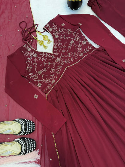 Arti Chauhan Wear Maroon Color Faux Geotgette Anarkali Suit With Dupatta