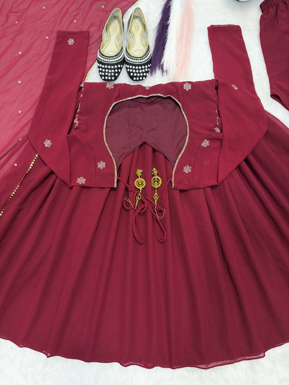 Arti Chauhan Wear Maroon Color Faux Geotgette Anarkali Suit With Dupatta