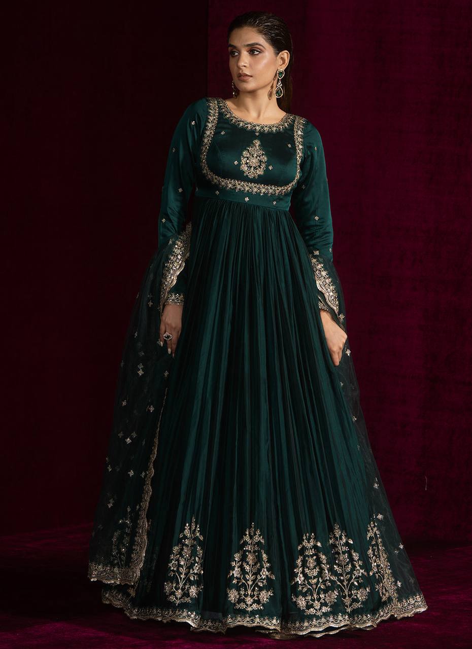 Wedding Wear Teal Green Color Japan Satin 3-Piece Anarkali Set