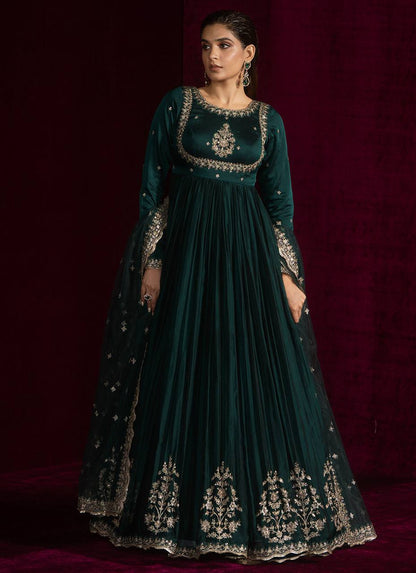 Wedding Wear Teal Green Color Japan Satin 3-Piece Anarkali Set