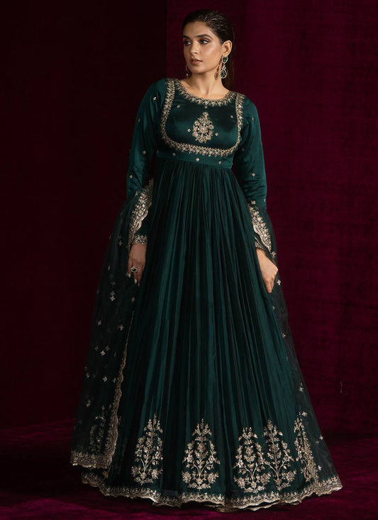 Wedding Wear Teal Green Color Japan Satin 3-Piece Anarkali Set