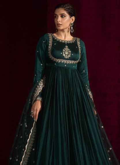Wedding Wear Teal Green Color Japan Satin 3-Piece Anarkali Set