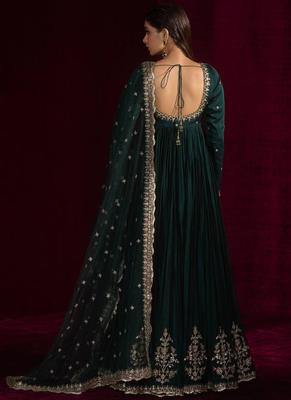 Wedding Wear Teal Green Color Japan Satin 3-Piece Anarkali Set