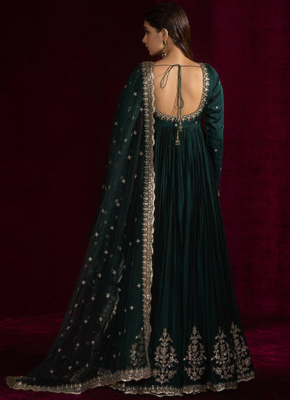 Wedding Wear Teal Green Color Japan Satin 3-Piece Anarkali Set
