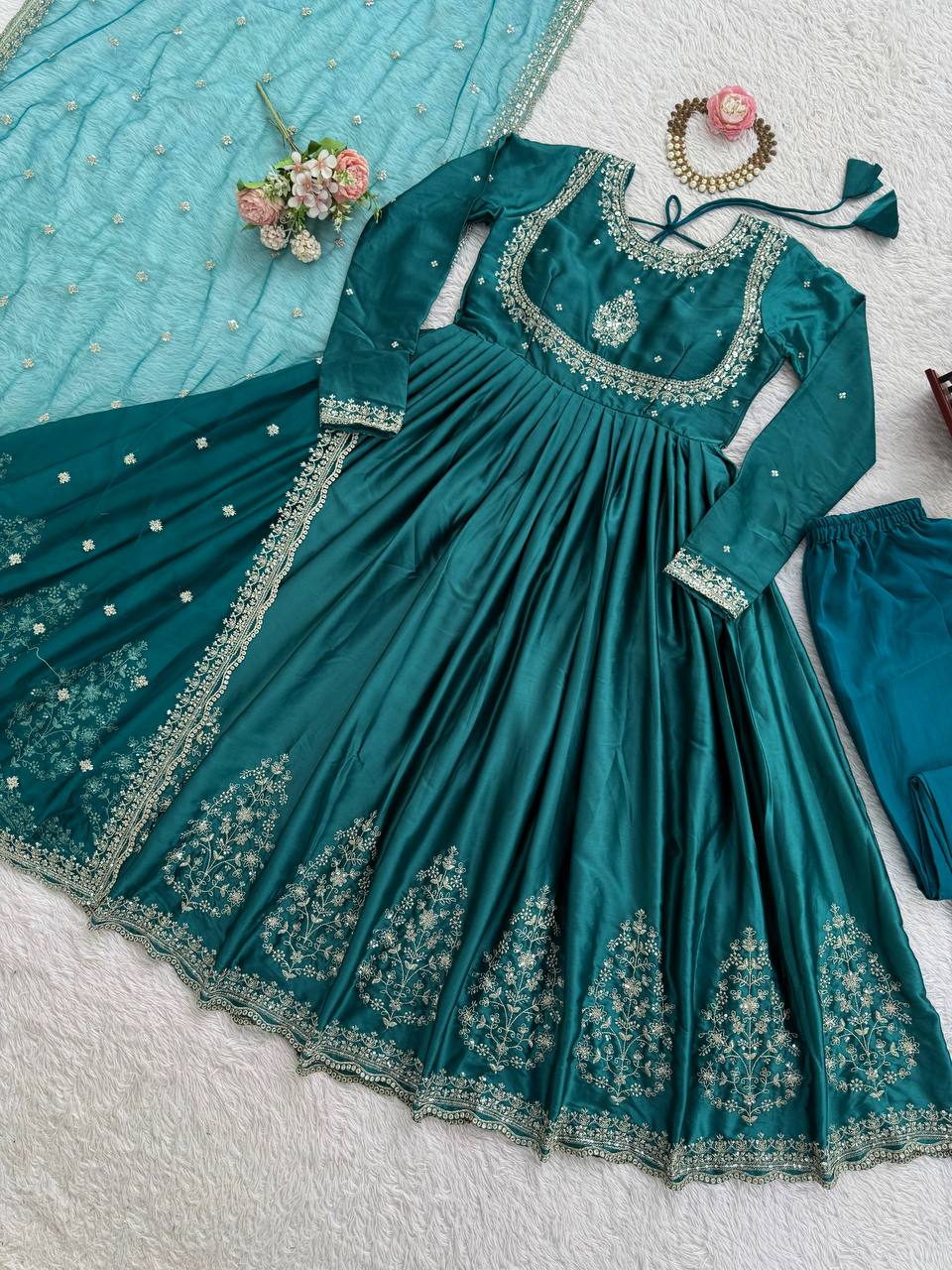 Wedding Wear Teal Green Color Japan Satin 3-Piece Anarkali Set
